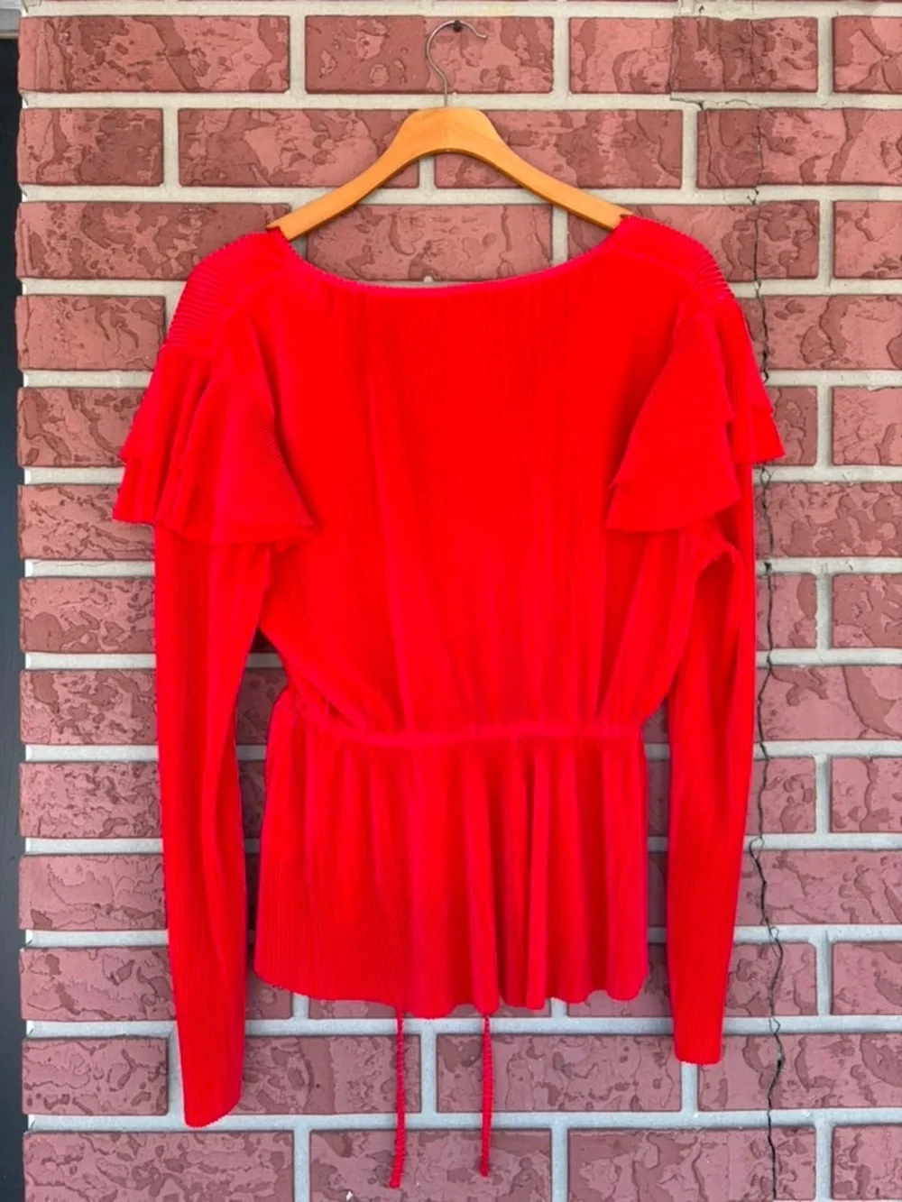 Blue B Red V-Neck Long Sleeve Pleated Drawstring Peplum Top